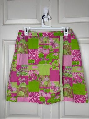 Vintage Lilly Pulitzer Golf Theme Pink & Lime Patchwork A-Line Skort - Size 8